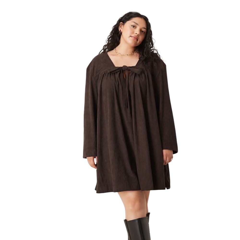ASOS Chocolate Brown Long Sleeve Corduroy Swing Dress Size 18 Boho Oversized